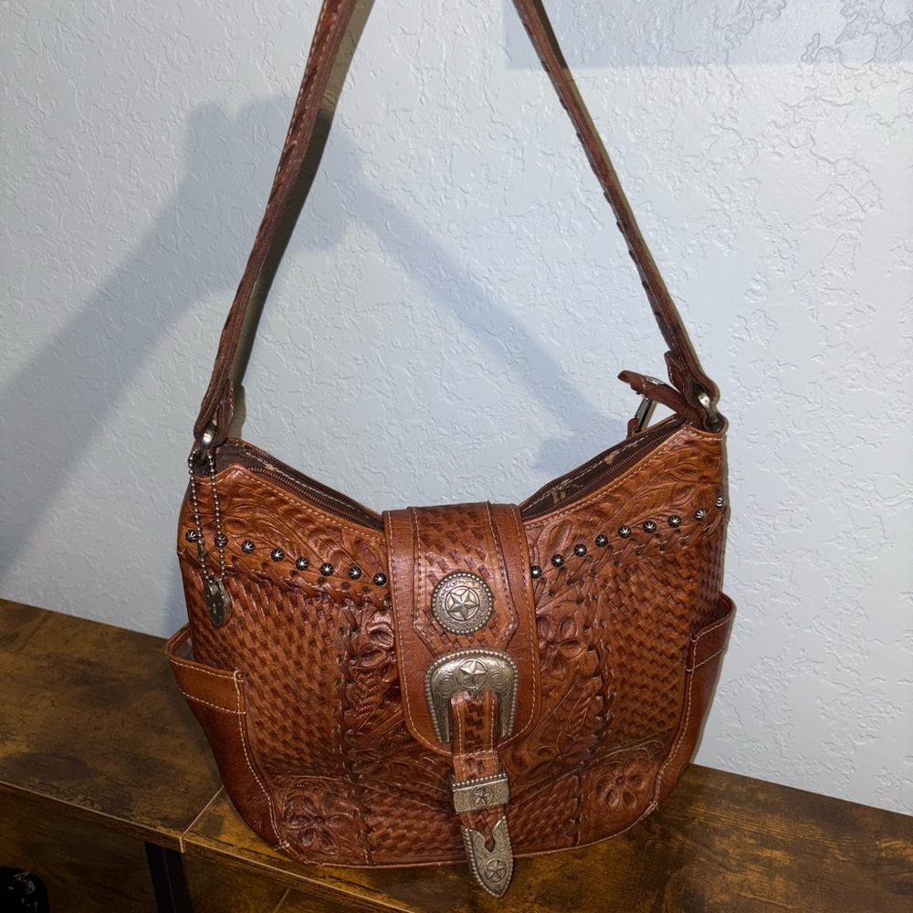 American West Brown Tooled Leather Shoulder Hobo